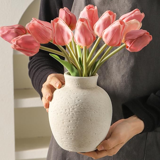 Ceramic Flower Vase Home Decor - Small Farmhouse Table Vases Rustic Vintage Living Room Kitchen Bedroom Decorations for House Book Shelf Office Coffee Desk Dining Fireplace (6" Rustic)