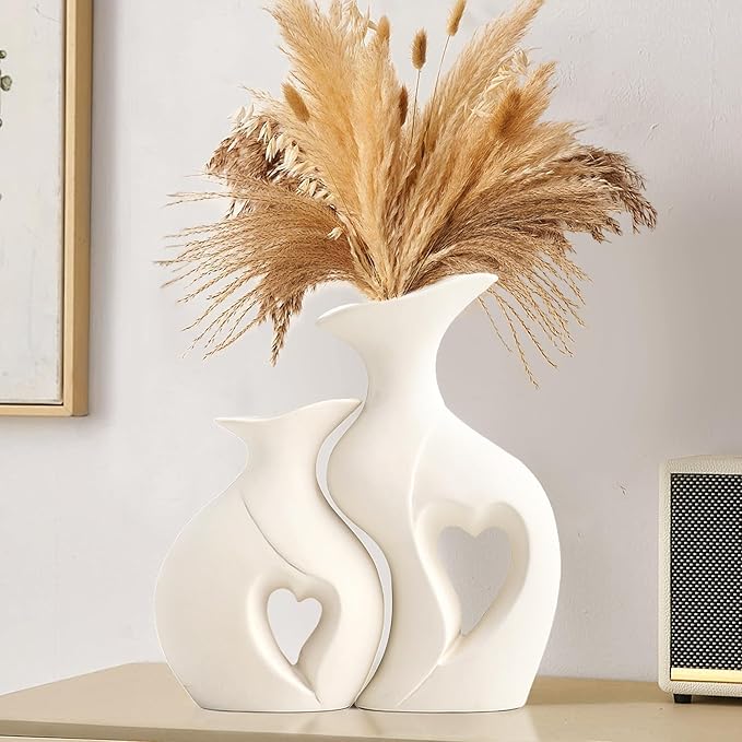XL Pearl White Vases for Decor,Nordic Heart Shaped Ceramic Vase Set of 2,Modern Vase for Table Centerpiece Dining Living Room Office Coffee Table Wedding House Decoration