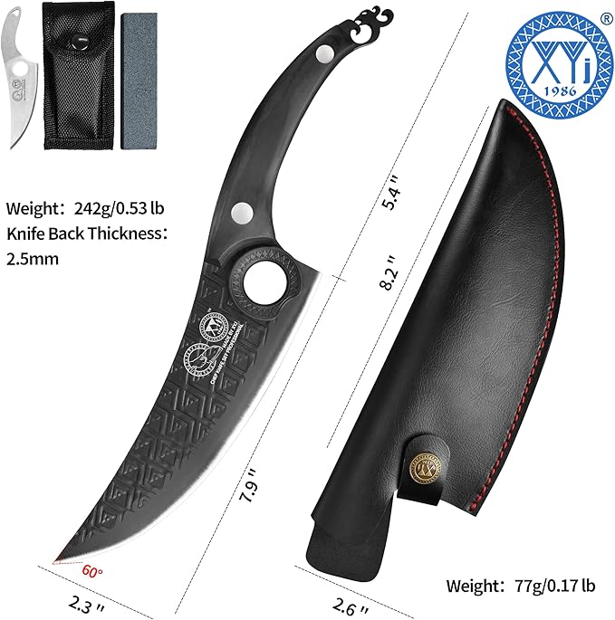 XYJ Authentic Since 1986, FULL TANG 8 Inch Boning Knife With Sheath, Stainless Steel Deboning Meat Cleaver for Meat Cutting, Vegetable Kitchen Knife for Outdoor Camping