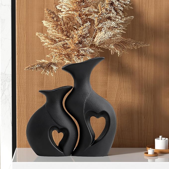 Black Ceramic Vase Set of 2,Filled with Love,Modern Minimalist Bohemian Vases Home Decor,Heart Shape Matte Ceramic Vases for Dinner Table Bookshelf Modern Home Console