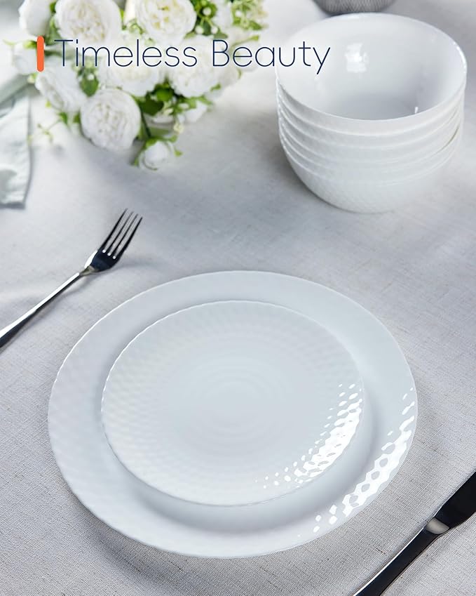 7.5 inch Salad Appetizer Plate Set of 6, Opal Glass Light and Durable Geometric Faceted Small White Plates for Dessert, Kitchen, Dishwasher and Microwave Safe