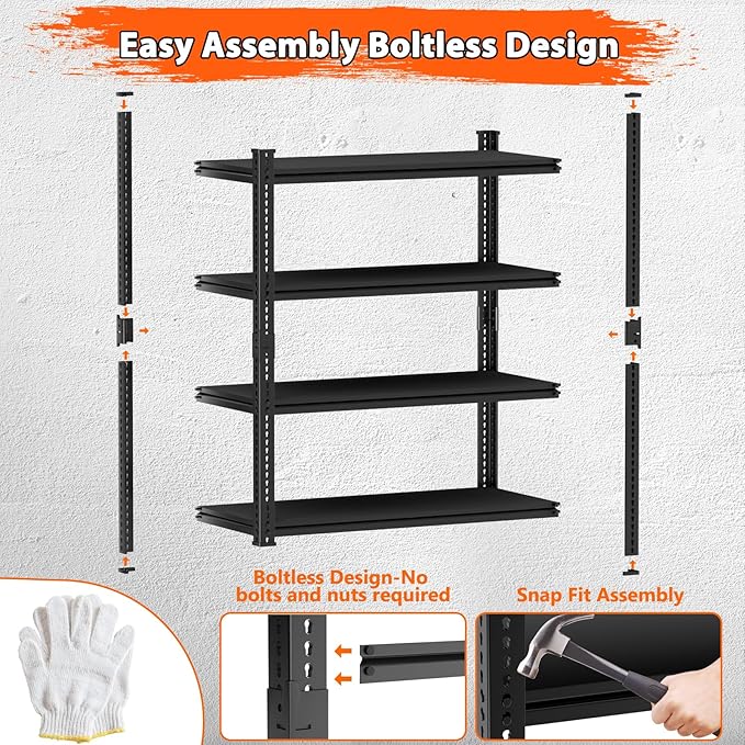 Storage Shelves Heavy Duty, 48"L x 18"W x 72"H Garage Storage Shelves Unit Loads 2960LBS, 4-tier Adjustable Metal Industrial Utility Shelf Rack for Kitchen, Laundry Room, Pantry, Warehouse, Basement