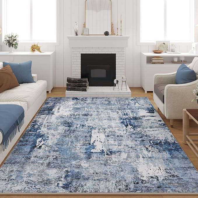 Rugcomf 8x10 Rug Washable Boho Rug Soft Large Area Rug Non-Slip Non-Shedding Faux Wool Vintage Rug for Living Room, Farmhouse, Dining Room, Indoor, Kids Playroom, Blue