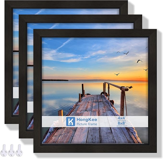 8x8 Picture Frames with Real Glass, Black Wooden Square Photo frame Set of 3, Displays 4x4 Picture With Mat or 8x8 Without Mat, Desktop & Wall Collage Frame set