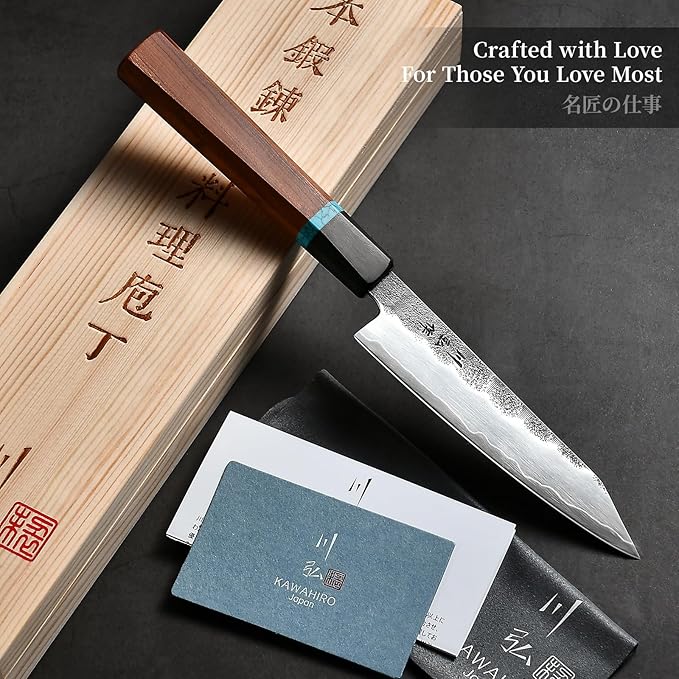 KAWAHIRO Japanese Utility Knife, 5 inch Handcrafted VG10 Stainless Steel Paring Knife, Professional Black Forged Multipurpose Kitchen Knives with Ergonomic Handle Grip and Gift Wood Box