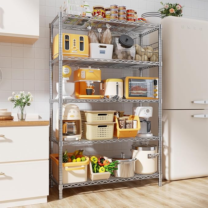 Storage Shelves, 4 PCS 36" L x 14" W x 72" H Heavy Duty Garage Wire Shelving Unit Loads 1750LBS, 5-Tier Adjustable Metal Industrial Utility Shelf Rack for Kitchen, Laundry Room, Basement