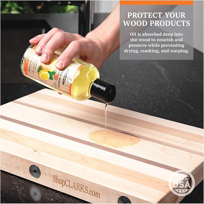 CLARK’S Cutting Board Oil and Wax Kit – Includes Food Grade Mineral Oil (12oz), Finishing Wax (6oz), Applicator, & Buffing Pad to Clean and Protect Wood, Enriched with Natural Lemon & Orange Extract