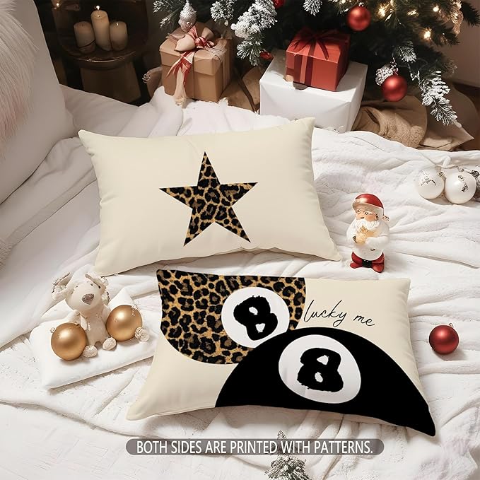 Preppy Pink Lucky 8 Ball Leopard Throw Pillow Covers 20x12,Cheetah Print Room Decor, Trendy Funky Y2K Leopard Print Motivational Decorative Pillow Covers for Girls Room Dorm Apartment,Set of 2