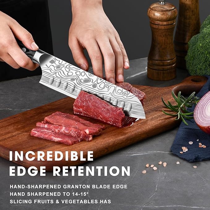 MOSFiATA Santoku Knife- 7 Inch Vegetable Knife Ultra Sharp Chopping Knife- Forged EN.4116 German Steel- Including Sheath,Finger Guard,Knife Sharpener,Full Tang,Best Gifts with Handmade Gift Box