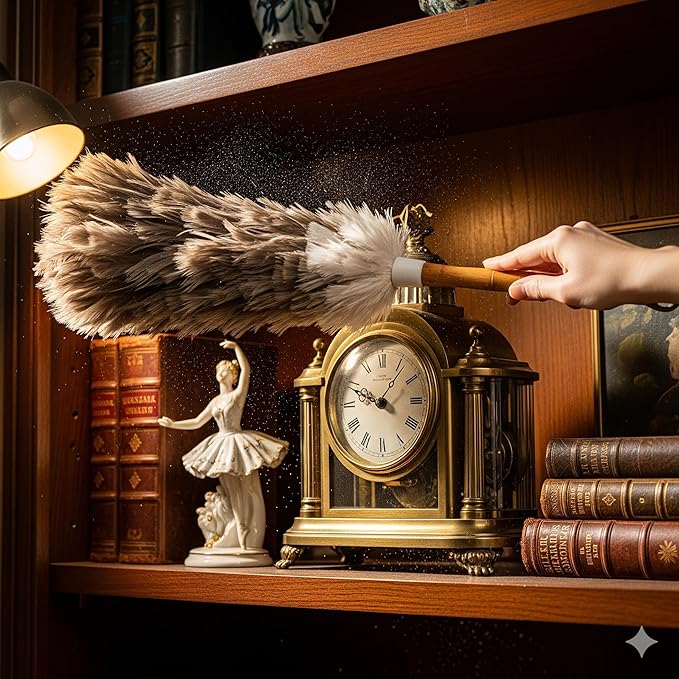 Soft Ostrich Feather Duster, 24-26" with Wood Handle - Perfect for Dusting Delicate Surfaces