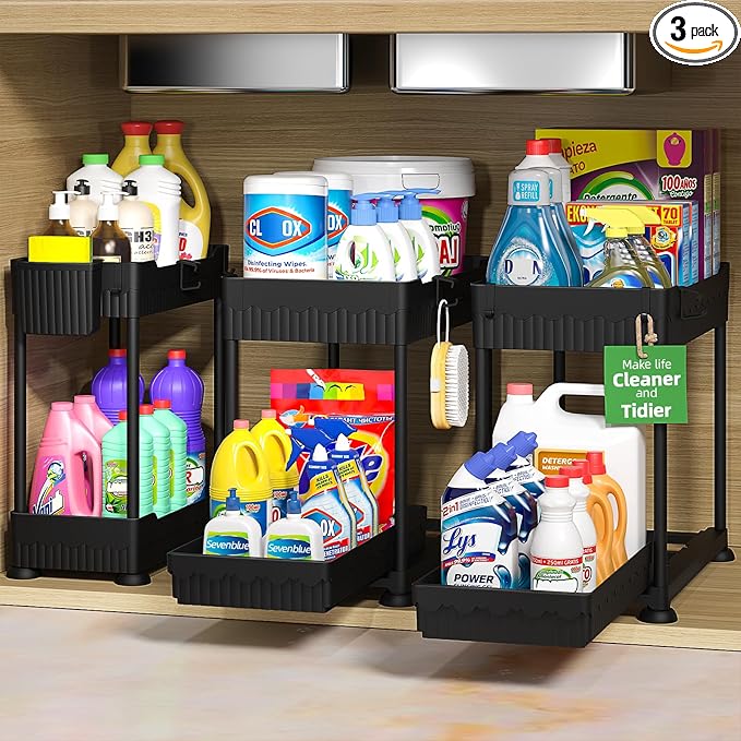 3 Pack Under Sink Organizers, 2-Tier Multi-Use Kitchen and Bathroom Organizers and Storage with Sliding Drawers,Bathroom Cabinet Organizer (Black, 14.8 Inch)