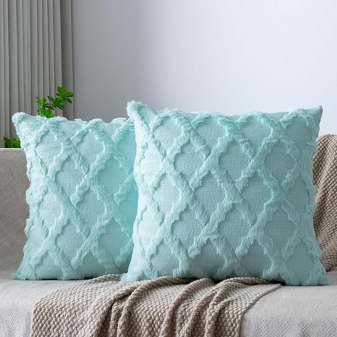 Set of 2 Soft Moroccan Throw Pillow Covers 18x18 Inch Plush Boho Decorative Pillow Cover Accent Cushion Case for Couch Sofa Bed, Light Aqua