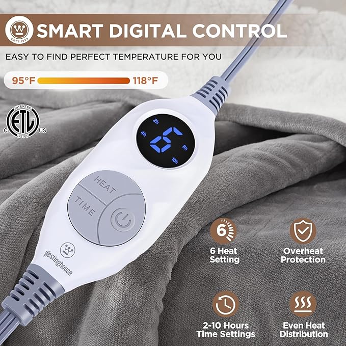 Westinghouse Heated Throw Blanket, Soft Flannel to Sherpa Electric Throw with 6 Heating Levels, 2-10 Hours Time Settings, Fast Heating, Machine Washable 50x60 Inch, Light Grey