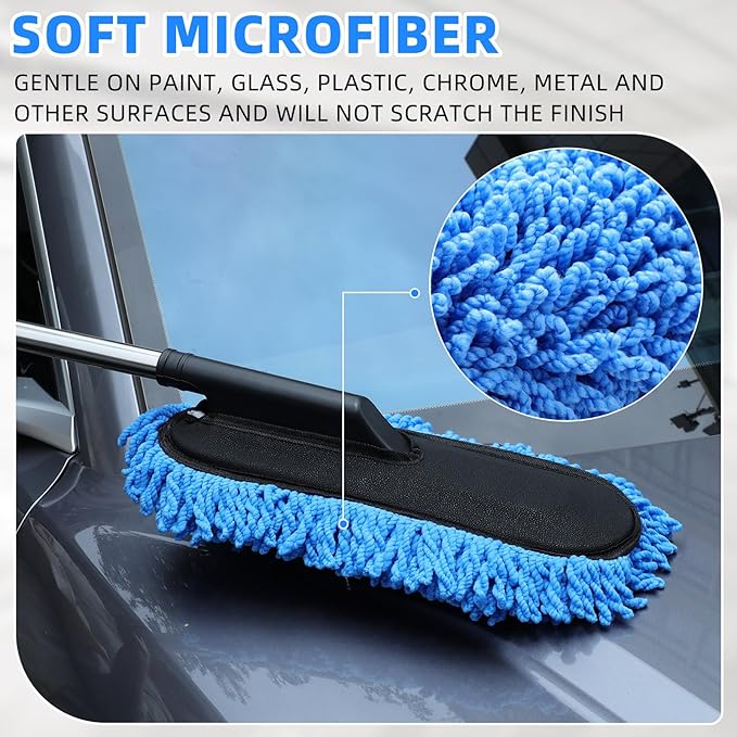 Tanlade 4 Pack Microfiber Car Duster Exterior Scratch Free with Extendable Handle Auto Duster Exterior Cleaning Tools for Car Brush for Truck Bike Rv Boats Motorcycle (Blue)