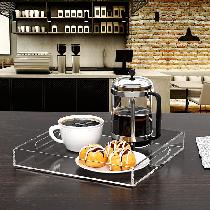 NIUBEE Acrylic Serving Tray 10x10 Inches -Spill Proof- Clear Decorative Tray Organiser for Ottoman Coffee Table Countertop with Handles