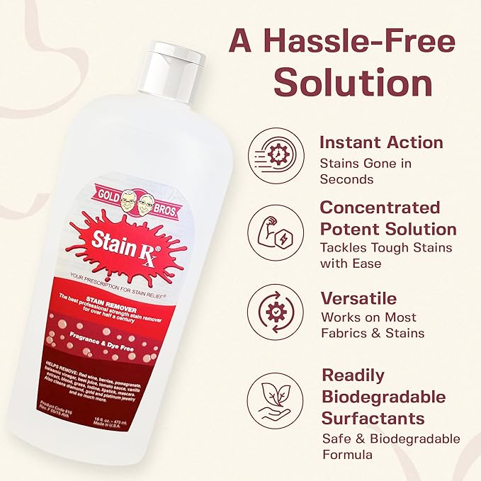 Stain Remover, Effectively Eliminates Stains from Wine, Berries & Blood on Colorfast Fabrics, Carpets, Upholstery & Jewelry, Fragrance & Dye-Free, Bleach-Free, Peroxides & Phosphates, 16 oz