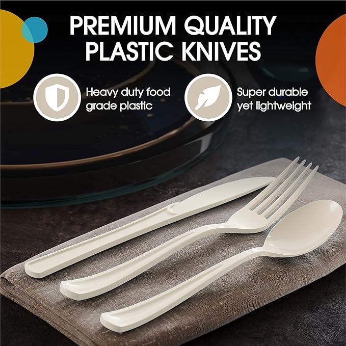 Party Solids Ivory Plastic Knives 200 Pcs Ivory Knives Disposable Utensils Heavy Duty Plastic Cutlery Set Disposable Cutlery Sets Flatware Sets Silverware Set Party Supplies & Party Tableware