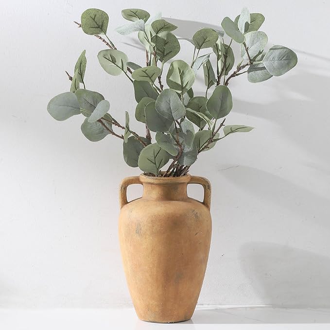 Ceramic Flower Vase with 2 Handles, 8.85 inch Tall Terracotta Rustic Farmhouse Vase, Wide Mouth, for Home Decor, Dining Table, Living Room, Kitchen, Office