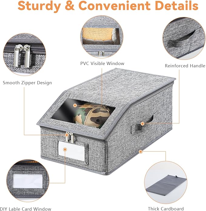 Grey Hat Organizer for Baseball Cap, Hat Storage for Closet with Clear Window, 4 Pack Stackable Storage Organizer Holds up to 48 Caps, Breathable Fabric Box for Snacks, Toys, Socks