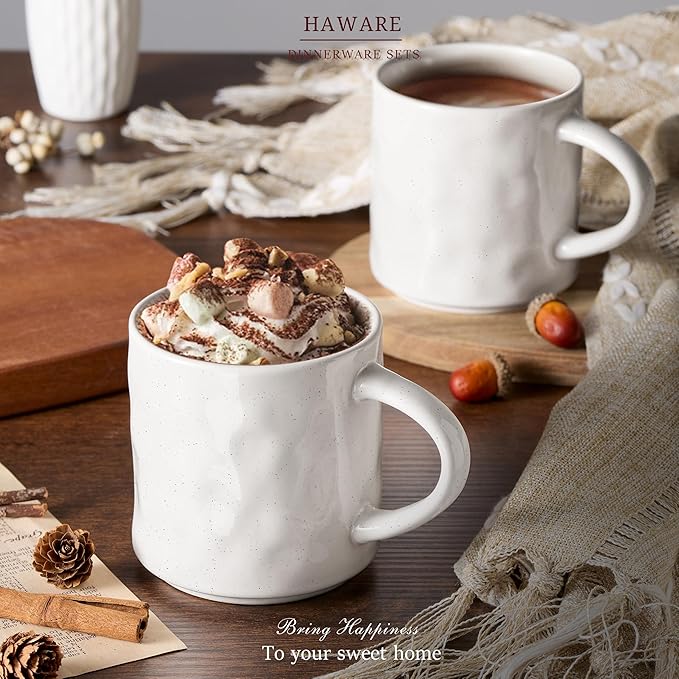 HaWare 14OZ Coffee Mugs Set of 6, Stoneware Coffee Cups with Handle, Latte Mug for Man, Woman, Dad, Mom, Modern Tea Mugs for Latte/Cappuccino/Cocoa/Milk, Dishwasher& Microwave Safe, Speckled White
