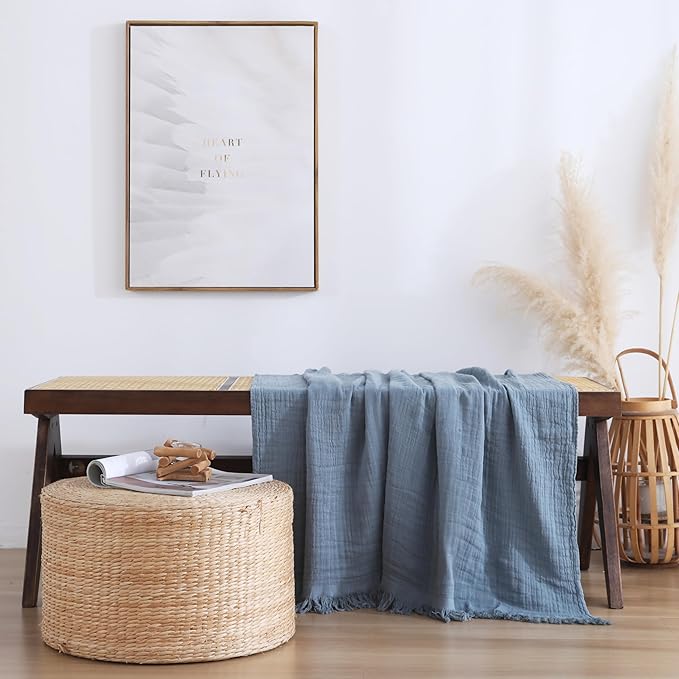 100% Cotton Muslin Throw Blanket for Bed, Couch, Small, Decorative, Soft, Pre-Washed, Breathable and Lightweight Gauze Blanket with Tassels, Suitable for All Seasons, Grey Blue, 50"x60"