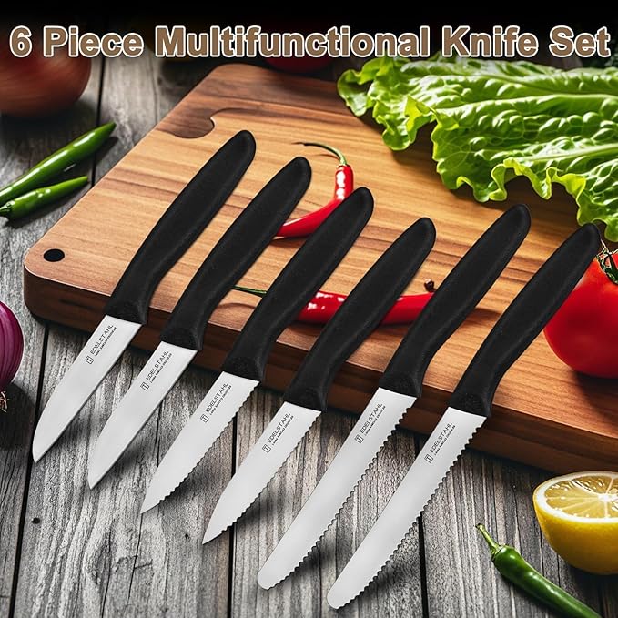 Paring Knife Set 6PCS, Ultra Sharp Kitchen Knives, Cutting & Peeling Knives, Kitchen Knives for Home Essentials, PP Plastic Handle-Black