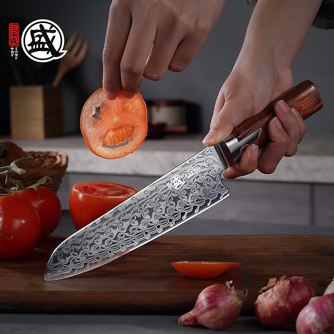 MITSUMOTO SAKARI Santoku Chef Knife 7 inch, S301 Powder Steel Damascus All-Purpose Kitchen Knife (Hand Forged)