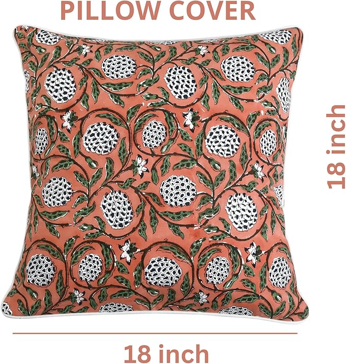 Ridhi Dark Salmon Pink Block Print Cotton Canvas Throw Pillow Covers for Decorative Couch Pillows for Living Room, Chic Boho Cute Outdoor Valentine Pillows Covers Gifts 18x18 Inches