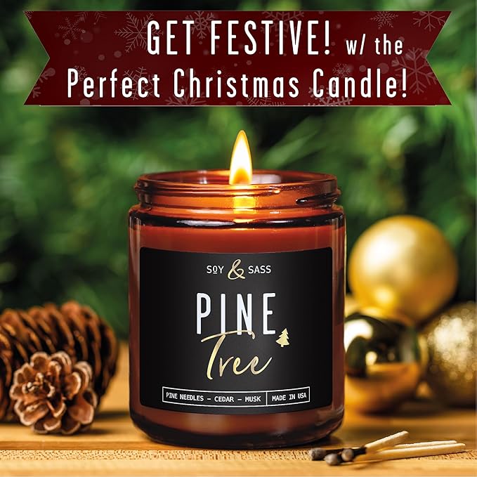Pine Candle, Pine Scented Candles, Christmas Candles Scented - 'Pine Tree' Soy Candle, w/Fir Needles, Warm Cedar & Sandalwood - Infused with Essential Oils I Christmas Candles I 9oz, 50Hr, USA Made