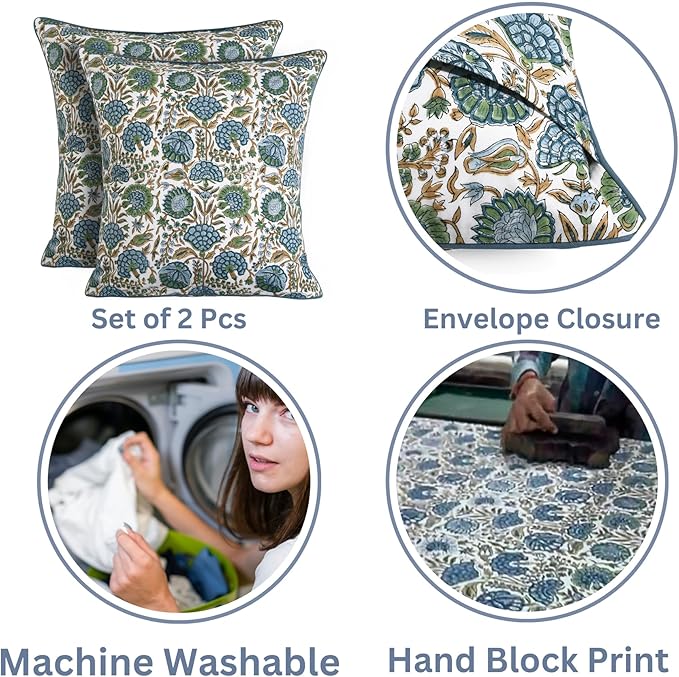Ridhi Block Print Pillow Cover Asparagus Green Cotton Throw Case Decorative for Couch Pillows Living Room, Chic Boho Cute Thanksgiving Christmas, Fall Gifts 16 x16 Inches