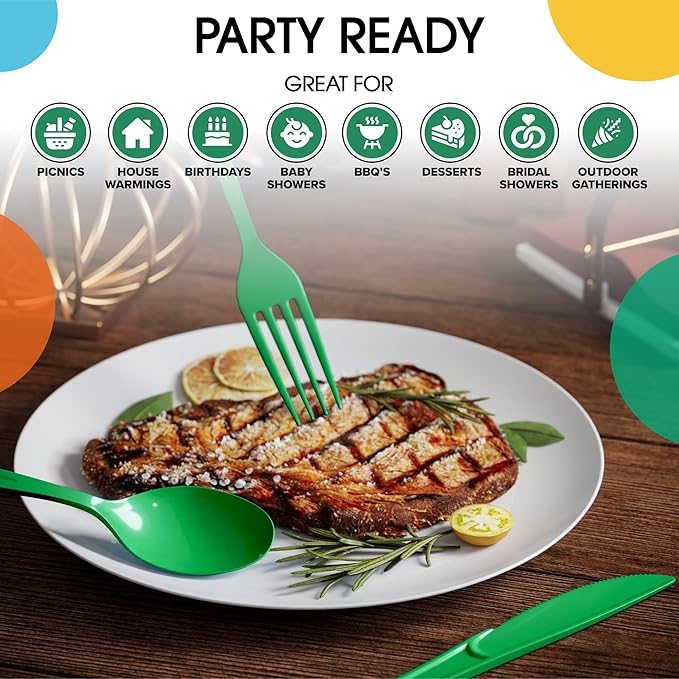 Party Solids Emerald Green Plastic Silverware Heavy Duty 150 Pieces Green Plastic Cutlery Sets, Utensil Sets, 50 Of Each Forks, Knives & Spoons Disposable Cutlery Set, Flatware Set For Party Supplies