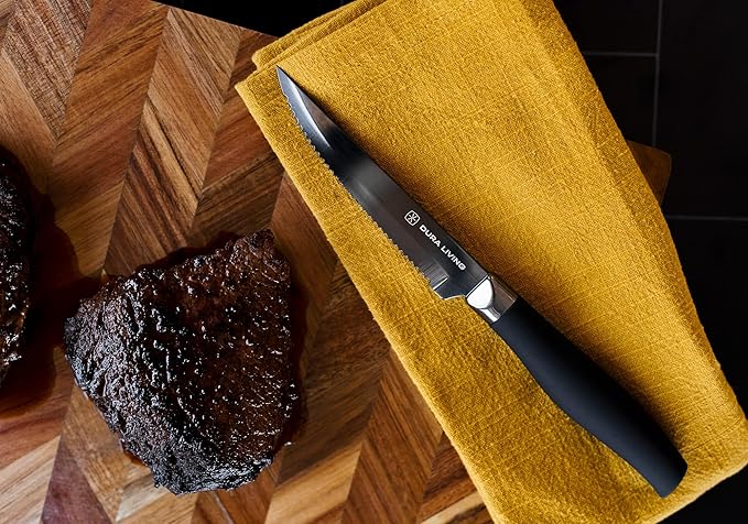 DURA LIVING Steak Knives, Steak Knives Set of 4, Nonstick Titanium High Carbon Stainless Steel Serrated Steak Knife, Soft Grip Handle, With Sheaths, Black Knife Set