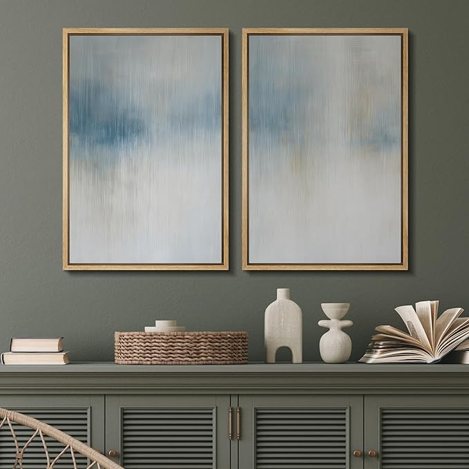 SIGNFORD Framed Canvas Print Wall Art Set Blue and Beige Abstract Modern Neutral Vertical Illustration Modern Art Decorative Nordic Nature for Living Room, Bedroom, Office - 16"x24"x2 Natural