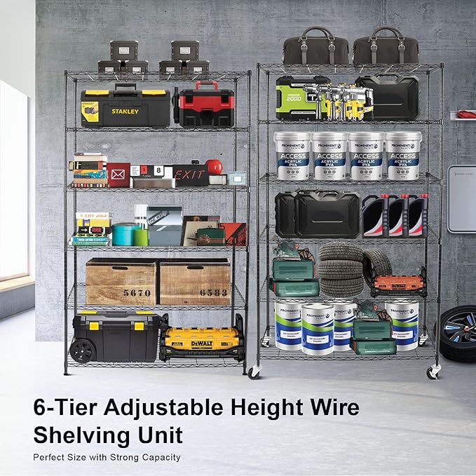 YNN Storage Shelves,2100Lbs 6 Tier Heavy Duty Metal Rolling Shelving Unit with Wheels & 8 Hooks, Adjustable Garage Wire Rack for Kitchen, Bathroom,Industrial,Pantry(36" W x 14" D x 72" H,Black)