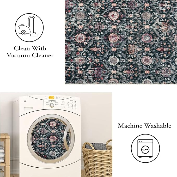 Lahome Moroccan Machine Washable Rugs for Living Room, 4x6 Rug for Bedroom Non-Slip Vintage Trellis Ultra-Thin Throw Carpet for Dining Room Office Nursery, Black/Multi