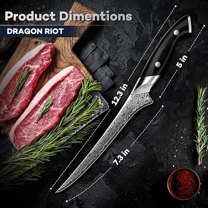 DRAGON RIOT Japanese Fillet Knife, 7 inch Meat Boning Knife with VG10 Steel Core, Damascus Pattern, Flexible Blade, Ergonomic Handle, Fishing Gift for Men