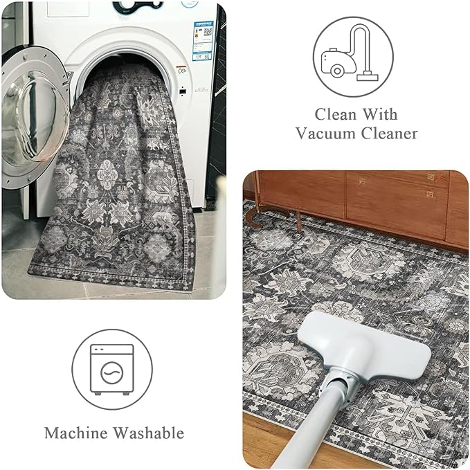 RUGSURE Washable Area Rugs - Perfect for Living Room, Bedroom, Kids Room, Nursery - Stain & Water Resistant Non-Slip, Pet & Child Friendly, Vintage Tribal Area Rugs (Grey, 9' x 12')