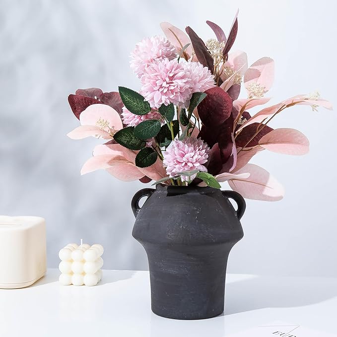 Ceramic Flower Vases, Porcelain Vase, 7 Inch Vintage Terracotta Vases with hadle for Home Decor, Decorative Farmhouse Vase for Home Decor, Living Room, Shelf Decor, Farmhouse, Table, Lyeec