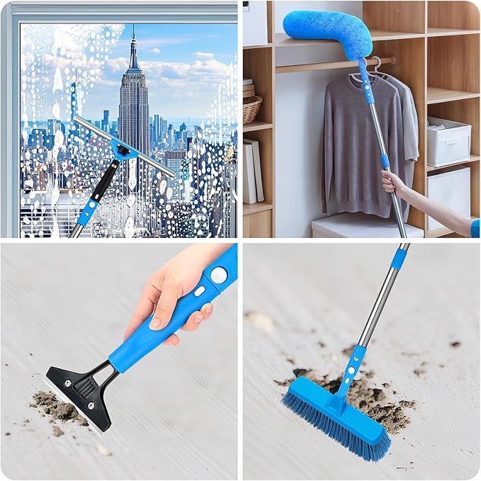 Window Squeegee,5 in 1 Bendable Head Window Squeegee for Home,61''Extension Poles,Bendable Head car Window Cleaner Tool,Squeegee for Shower Glass(Blue)