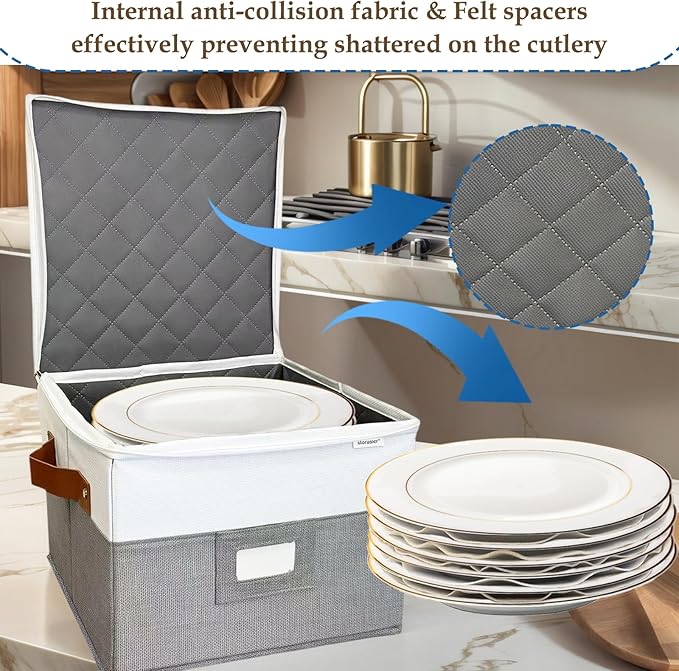 China Storage Containers,Quilted Dish Plate Storage with Stackable Lid for Dinnerware Kitchen Moving,2PACK 12 * 12 * 8in(Grey)