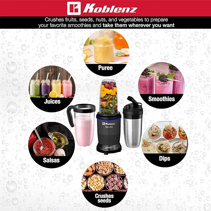 Koblenz Mix&Go Personal Blender, Portable Size Blender for Shakes and Smoothies, 1000w Motor, Includes Stainless Steel To-Go Cup and Tritan To-Go Cup, 12 Accessory Kit, Grey