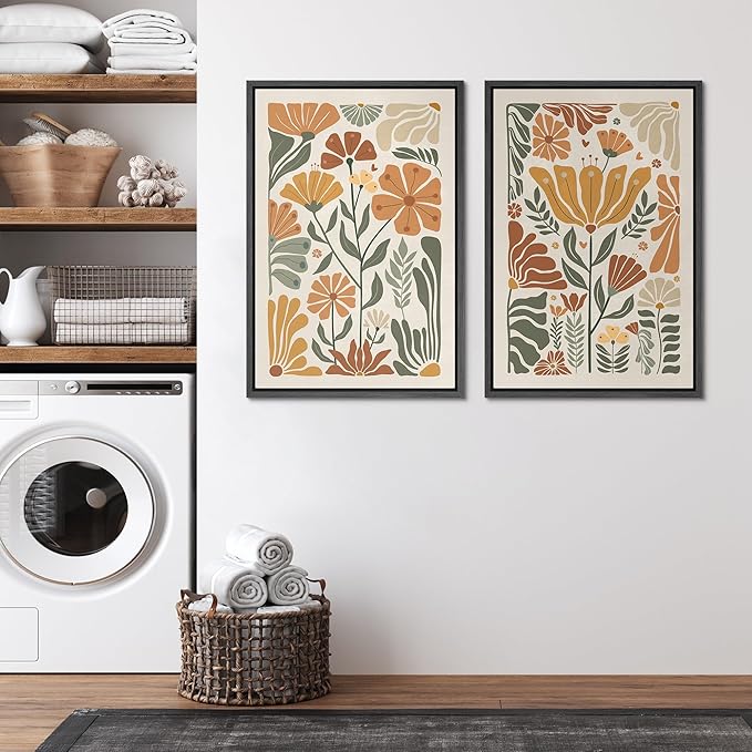 SIGNFORD Framed Canvas Print Wall Art Set Vintage Flower in Pastel Illustration Modern Art Decorative Nordic Nature for Living Room, Bedroom, Office - 16"x24"x2 Black