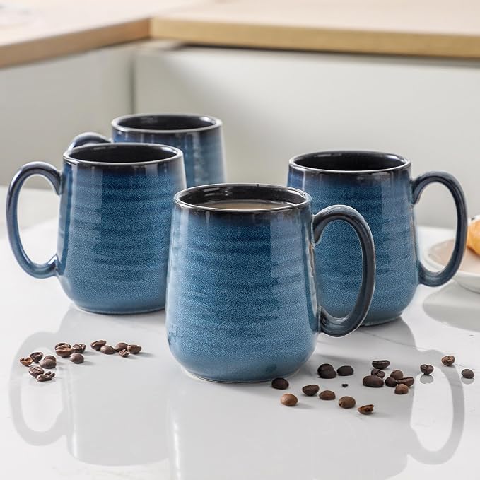 Hasense Coffee Mug Set of 4, 12 Ounce Ceramic Coffee Cups with Handle, Large Mug Set for Coffee, Tea, Chocolate, Modern Mug Gift for Men and women, Dishwasher & Microwave Safe(Blue)