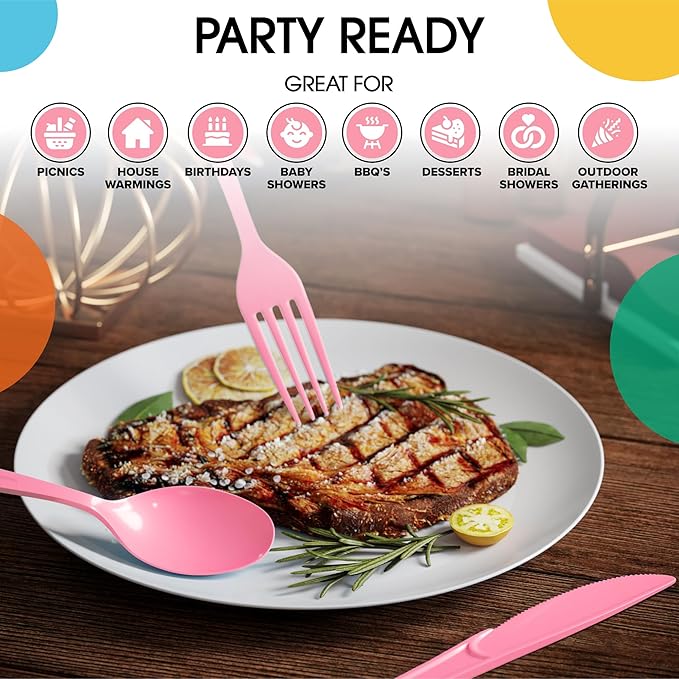 Party Solids Pink Plastic Silverware Heavy Duty 150 Pieces Pink Plastic Cutlery Sets, Utensil Sets, 50 Of Each Forks, Knives & Spoons Disposable Cutlery Set, Flatware Set For Party Supplies