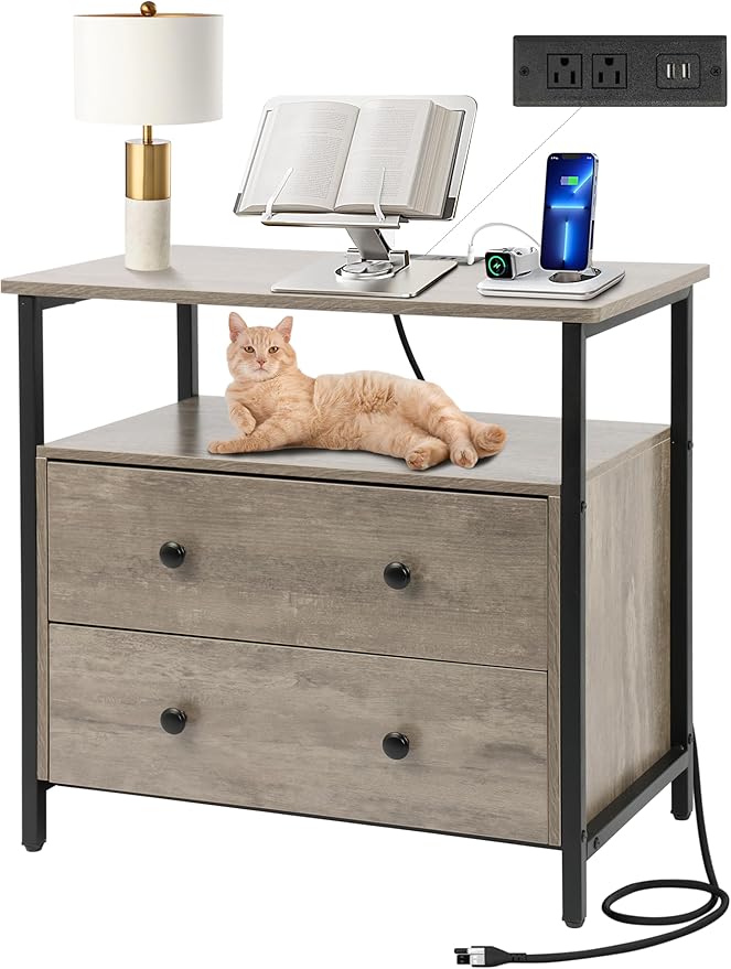 27 inch Wide Night Stand with Charging Station, Bedside Table with Open Shelf, 2 Drawers Small Wood Dresser, Modern Wood Nightstand for Bedroom/Living Room (Rustic Gray)