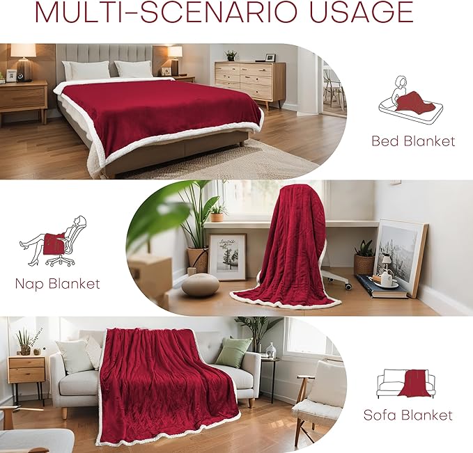 LUXIAN Electric Heated Blanket Twin Size 62"x84" - Microplush & Sherpa Fabric Dual-Sided, 6 Heat Settings & 1-10 Hours Auto Off, Cozy Warming Throw for Home, Office, or Bed, Machine Washable,Wine Red