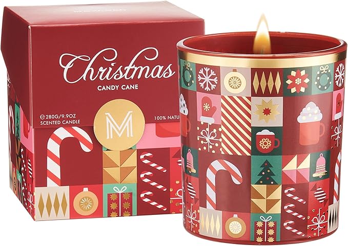 M&SENSE Candy Cane Apple & Coconut Scented Holiday Candle for Christmas, 9.9oz 55Hours Burn Time Fruit Scent Cotton Wick Clean Non Toxic Natural Soy Wax Candle for Spa Yoga Meditation