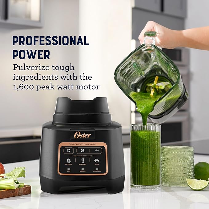 Oster Extreme Mix Blender, 8-Cup Glass Jar, 3 iBlend Preset Functions, 1600-Watts, 10-Point Blade Stack with Titanium Coating & Blend-N-Go Cup
