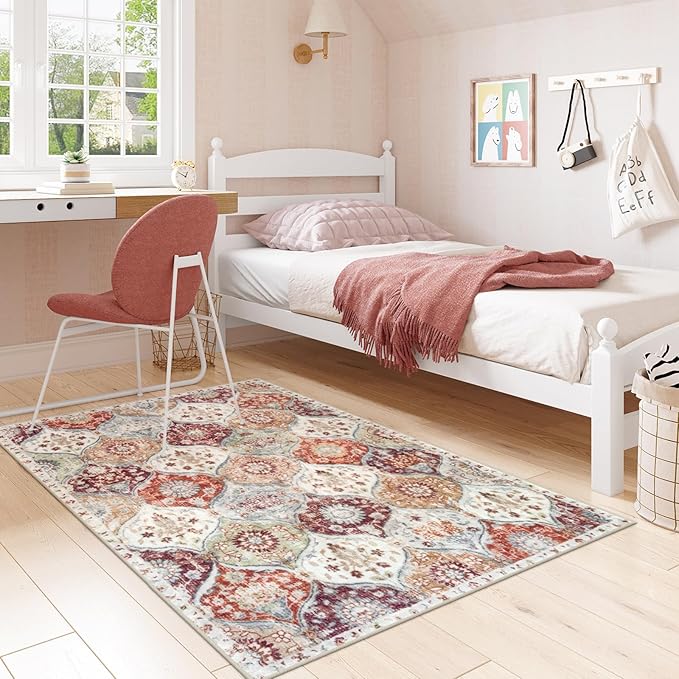 Lahome Moroccan Machine Washable Rugs for Living Room, 4x6 Rug for Bedroom Non-Slip Vintage Trellis Ultra-Thin Throw Carpet for Dining Room Office Nursery, Orange/Terracotta
