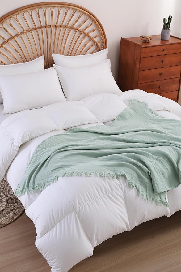 100% Cotton Muslin Throw Blanket for Bed, Couch, Small, Decorative, Soft, Pre-Washed, Breathable and Lightweight Gauze Blanket with Tassels, Suitable for All Seasons, Sage Green, 50"x60"